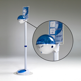 White/Blue floor hand sanitizing stand that holds a 32oz dispenser
