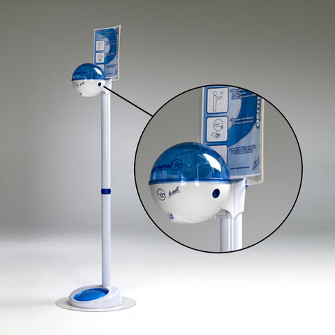 White/Blue floor hand sanitizing stand that holds a 32oz dispenser