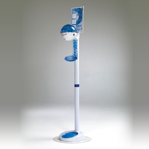 White/Blue hand sanitizing stand for floor with drip tray that uses 32oz dispensers