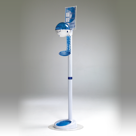 White/Blue hand sanitizing stand for floor with drip tray that uses 32oz dispensers