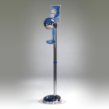 Chrome/Blue floor hand sanitizing stand with drip tray that holds a 32oz dispenser