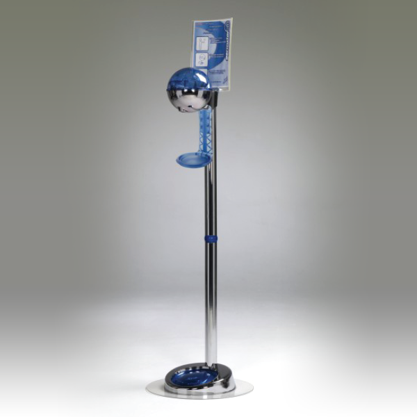Chrome/Blue floor hand sanitizing stand with drip tray that holds a 32oz dispenser