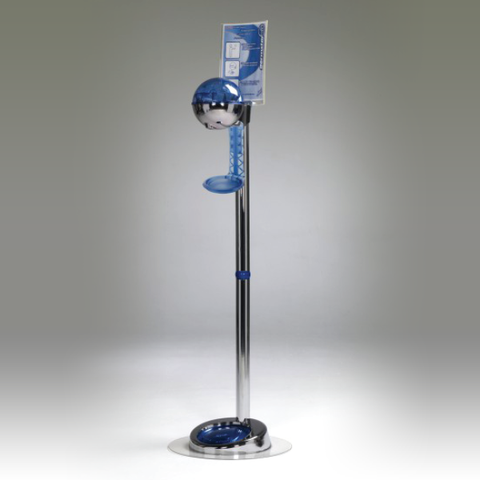 Chrome/Blue floor hand sanitizing stand with drip tray that holds a 32oz dispenser
