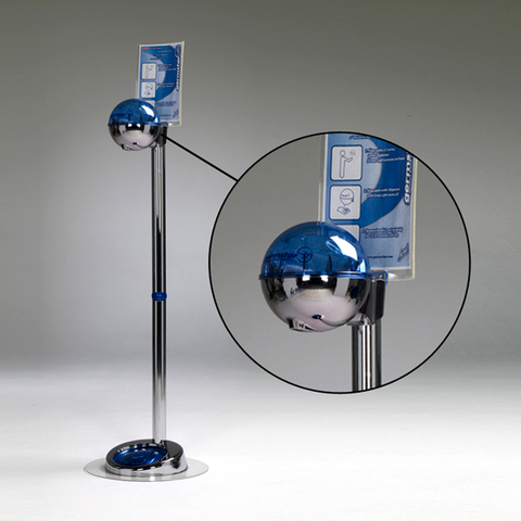 Chrome/Blue floor hand sanitizing stand  that holds a 32oz dispenser