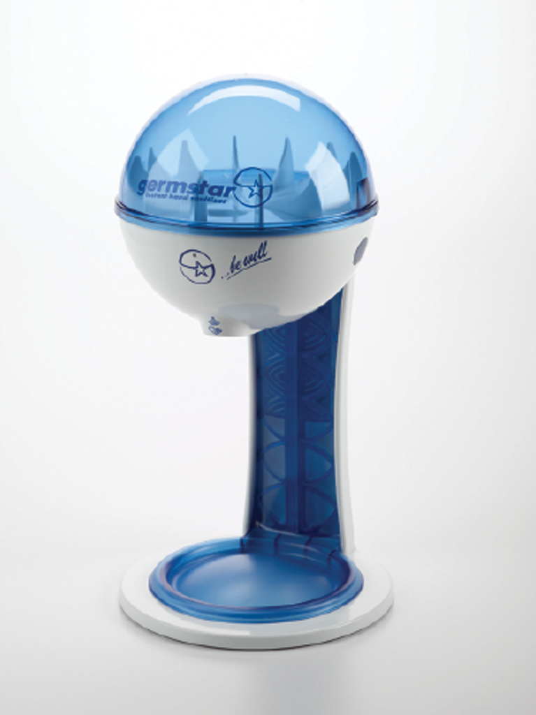 32oz White/Blue Sanitizer Dispenser w/ White/Blue Tablestand 